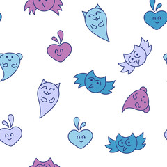 Kawaii seamless pattern with cute cat, owl, bear. Vector illustration.