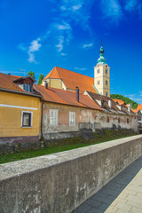 Beautiful town of Samobor, Croatia, church tower in the center of city, beautiful spring day, city skyline
