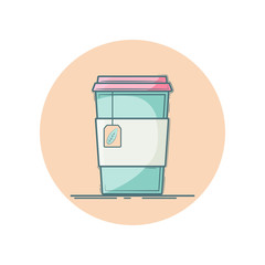 Vector icon of tea in a cup for take away. Isolated in circle.