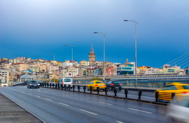 Evening traffic  long exposure  yellow turkish taxi car on istanbul 