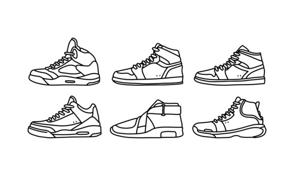 Set of sports and lifestyles shoes, sneaker vector hand drawn collection, shoe lineart icon. new shoe illustration for sport & branding design element