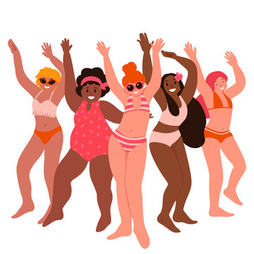 Young girls in bathing suits dancing and having fun. Summer vacations. Concept, greeting card, banner, background, summer holiday poster. Vector illustration of hand drawn flat style