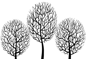 Hand drawn silhouettes of trees on white, black and white graphic, floral background, vector illustration.