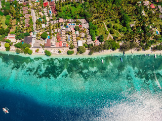 Beautiful tropical island with turquoise crystal ocean, aerial view. Gili islands