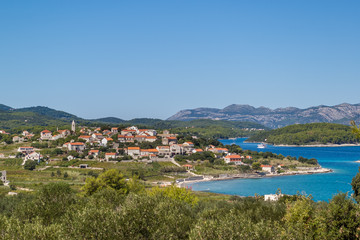Picturesque summer view of the village of Lumbarda and the coast of the island of Korcula.
