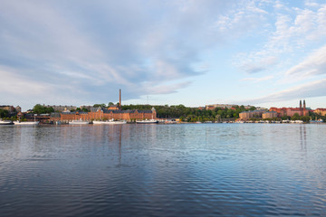 Fototapeta na wymiar Morning view at the waterfront of Stockholm in late spring
