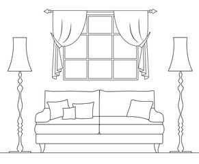 Schematic interior drawn in thin lines. Drawing of a room with a sofa window and torches. Line art of living room.