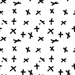Grunge vector crosses. Seamless pattern of  textured black ink brush strokes.