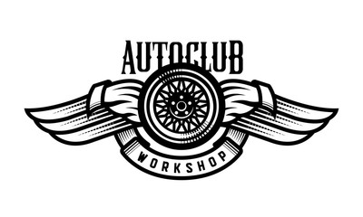 Wheel and wings auto logo, emblem. Vector illustration
