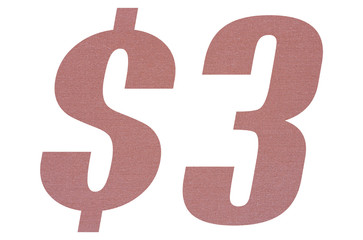 3 Dollar with terracotta colored fabric texture on white background