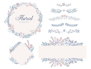 Hand drawn floral decoration elements, illustrations, frame, dividers, banners collection.