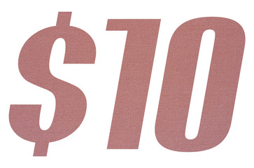 10 Dollar with terracotta colored fabric texture on white background