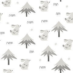 Vector seamless pattern with polar hares. Wild animals and nature. Scandi style. Children print. Wildlife