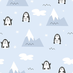 Vector seamless pattern with penguins. Alaska. Scandi style. Children print. Wildlife - 269700771