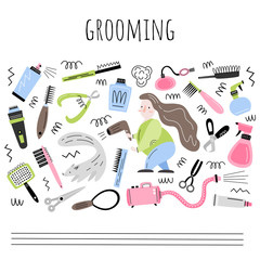Grooming. Vector set of objects and elements in flat style