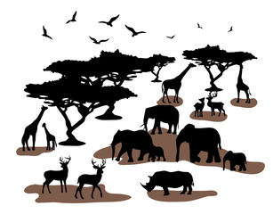 An African safari animal silhouette landscape scene. © CHAIYAPHON