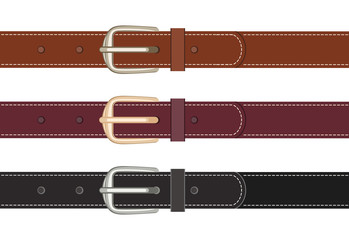 Set of leather belts with buttoned buckles isolated on white background. Vector illustration of straps black and brown in cartoon flat style.