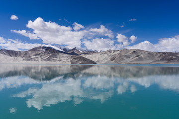 Landscape view high land lake and reflection with clear blue sky, Xinjiang