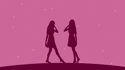 Two girls silhouettes on the starry sky background vector design