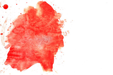 Big bright red and burgundy watercolor drops, spots and splatter on a white background. Watercolor texture and template for design and designers. Abstract art image. Mockup and copyspace on the right.