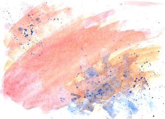 Bright beige and pink watercolor space with blue drops on a white background. Watercolor texture and template for design and designers. Multicolored background. Mockup, splashes and splatters.