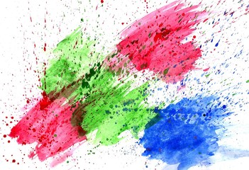 Big bright red, crimson, blue and emerald watercolor drops, spots and splatter on a white background. Watercolor texture and template for design and designers. Abstract art image. Mockup for inscripti
