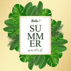 summer floral frame with tropical leaves