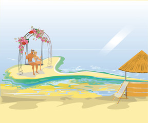 Fototapeta na wymiar Series of summer backgrounds with blue sky and sea water, sun. People sunbathing on the beach. Hand drawn card illustration.