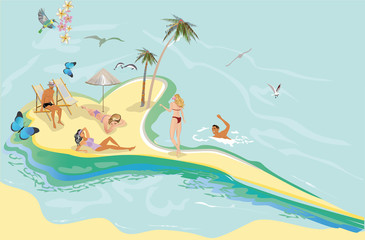 Obraz na płótnie Canvas Series of summer backgrounds with blue sky and sea water, sun. People sunbathing on the beach. Hand drawn card illustration.