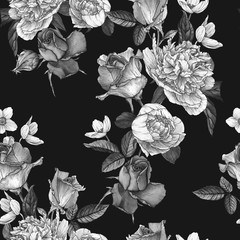 Floral seamless pattern with watercolor white peonies, anemones and roses on white background. Monochrome seamless pattern