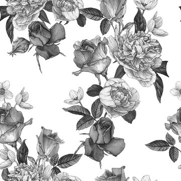 Floral seamless pattern with watercolor white peonies, anemones and roses on white background. Monochrome seamless pattern © lesia_a