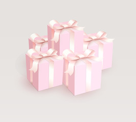 Wedding gift boxes with tender satin ribbon. Magic pink beautiful Gift closed boxes for girl, side view. Vector illustration.