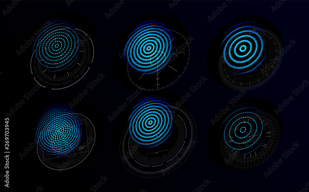 Poster futuristic holograms with graphic fingerprints. blue icons set for personal identification systems b