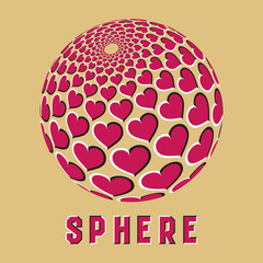 Abstract sphere logo symbol with motion illusion effect. Pink globe emblem with moving hearts shapes.