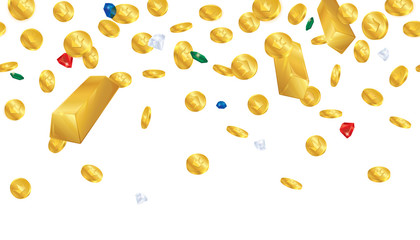 Falling of gold treasure with diamond and gemstone isolated on white background.