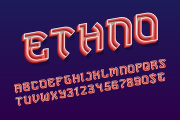 Ethno decorative letters with numbers and currency signs. 3d hollow red font. Isolated english alphabet.