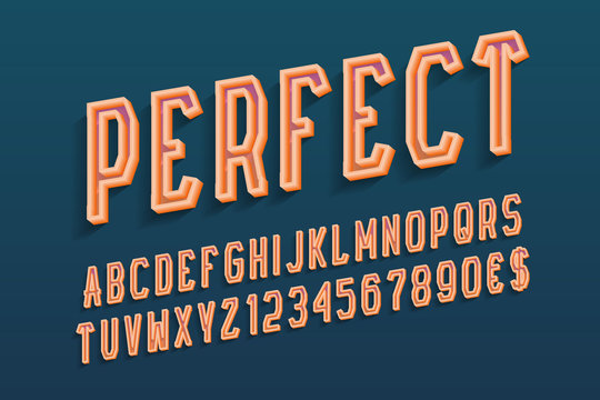 Perfect decorative letters with numbers and currency signs. 3d hollow orange font. Isolated english alphabet.