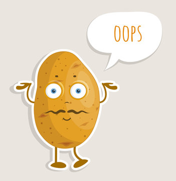 Cute potato character with the phrase oops. Vector sticker in cartoon style. Surprised and confused character with a mustache.