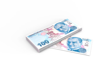 Deck of Turkish Liras Banknotes on White