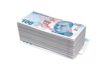 Deck of Turkish Liras Banknotes on White