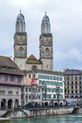 Grossmunster. Romanesque Cathedral in Zurich. View of the Grossmunster. Zurich architecture. Lake Zurich. Quay in Zurich
