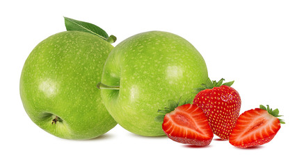 Fresh green  apples and strawberries isolated on white background with clipping path