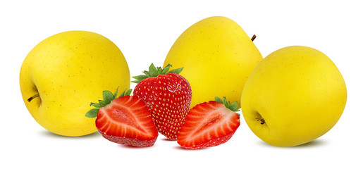 Fresh yellow apples with strawberries isolated on white background with clipping path