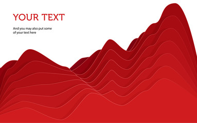 Abstract waves background in shape of mountains, red bright paper cuts on white backdrop