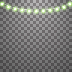 Christmas lights isolated on transparent background. Set of green xmas glowing garland. Vector illustration