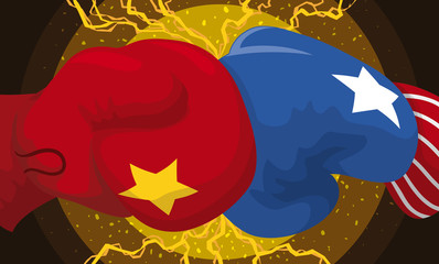 Trade War: Chinese and American Boxing Gloves Clash with Lightnings, Vector Illustration