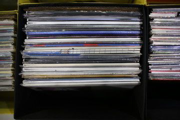 Vinyl records on the counter in the store