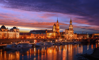 Fantastic Evening panorama. Famouse skyline of Old Town in Dresden With colorful sky During sunset....