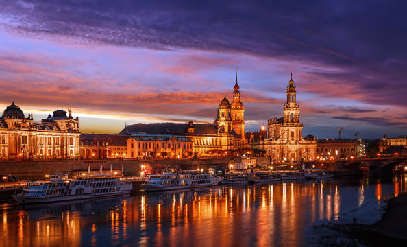 Fantastic Evening panorama. Famouse skyline of Old Town in Dresden With colorful sky During sunset. Wonderful Autumn Cityscape. Creative image. Awesome picturesque scenery in Dresden