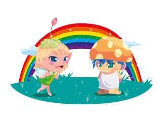 beautiful magic fairy and fungu elf with rainbow scene